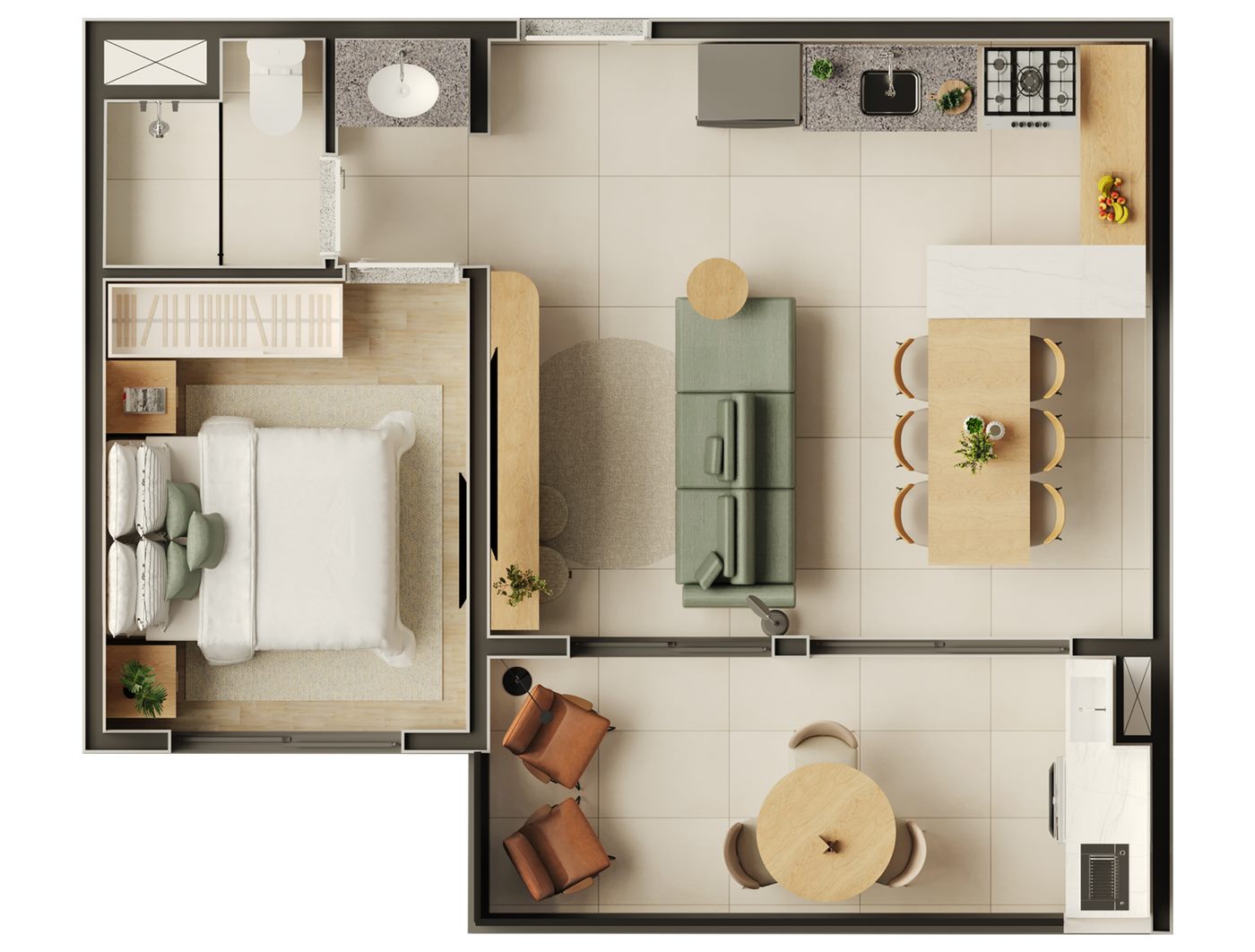 Planta — 46 m², 1 dormitório com sala ampliada