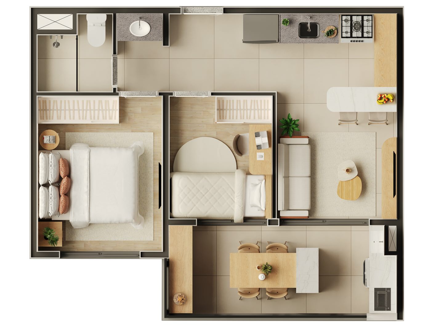 Planta — 46 m², 2 dormitórios