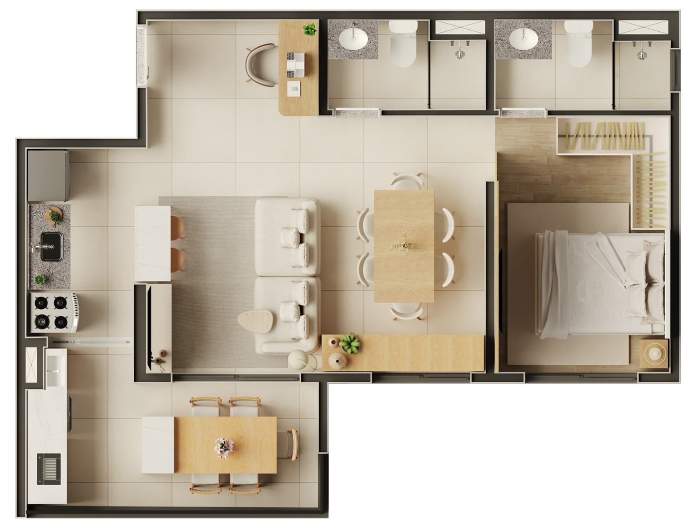 Planta — 53 m², 1 suíte com sala ampliada