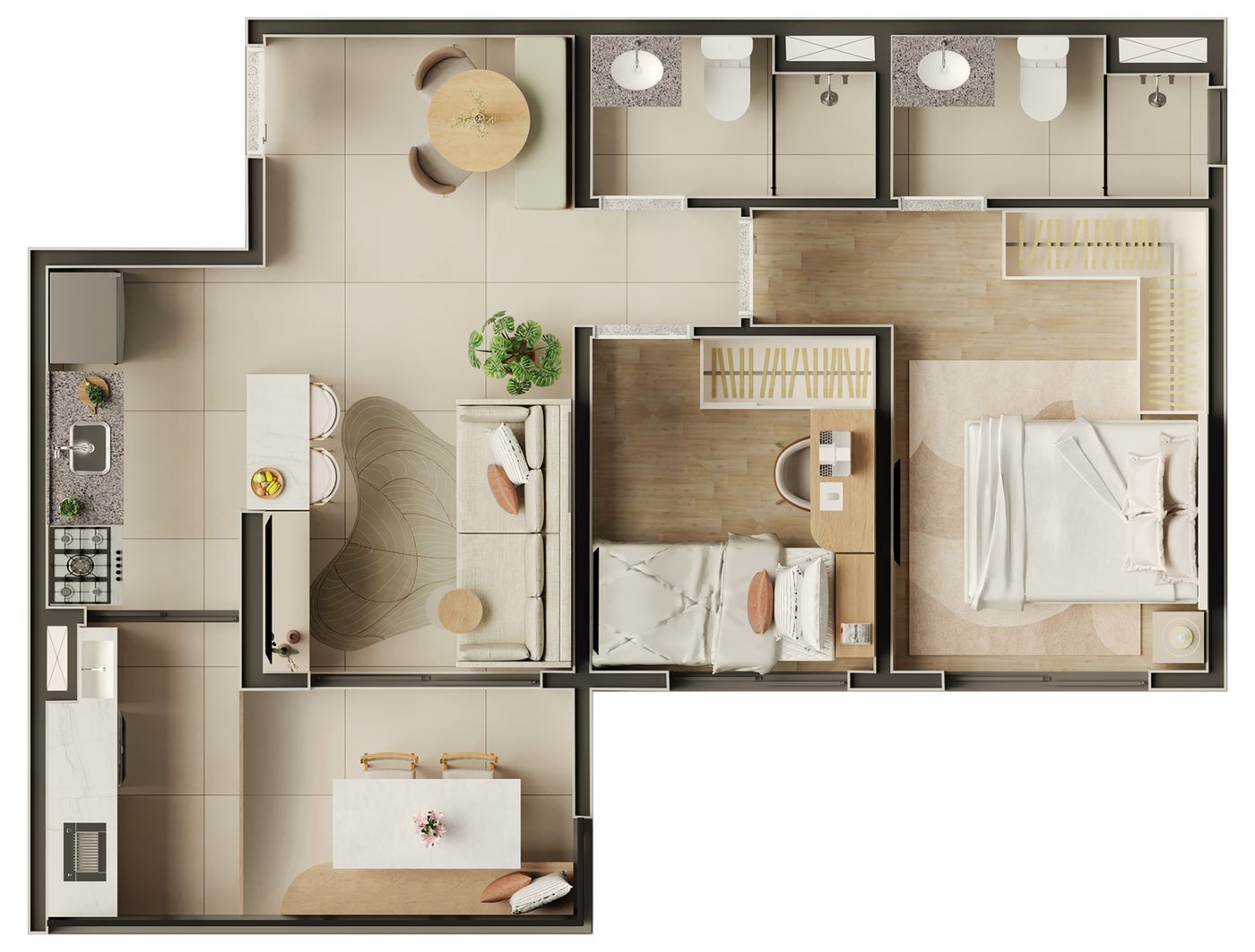 Planta — 53 m², 2 dormitórios com 1 suíte
