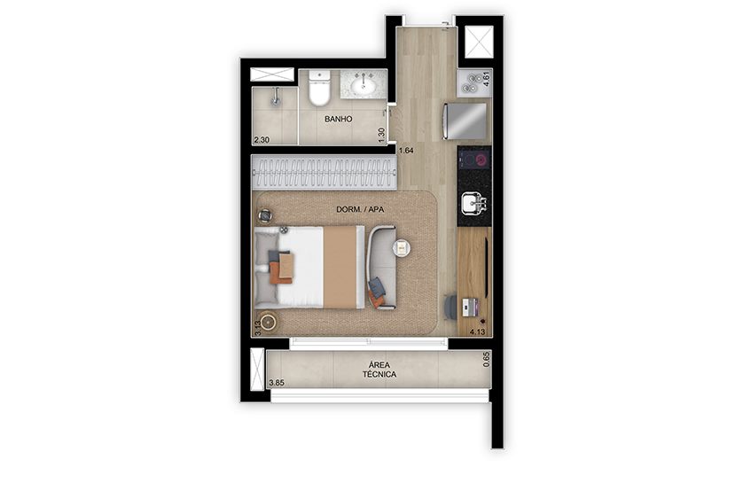 Planta — 25 m², Studio, Torre 3