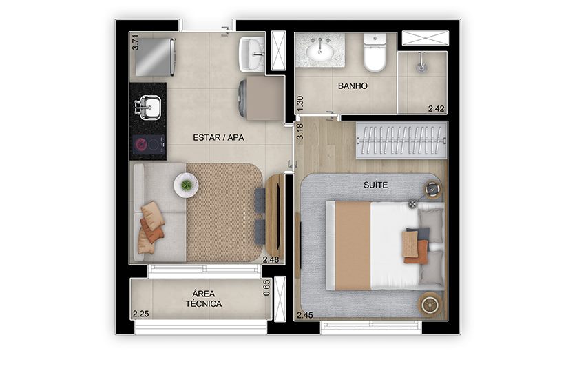 Planta — 26 m², 1 suíte, Torre 3
