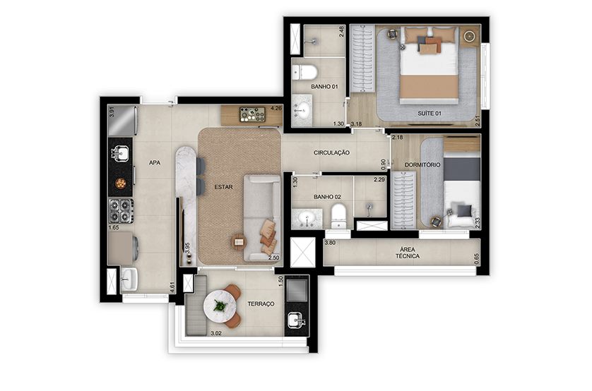Planta — 57 m², 2 dormitórios (1 suíte), Torre 3