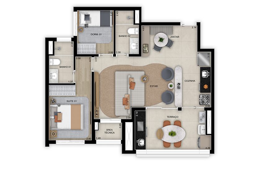 Planta — 68 m², 2 dormitórios (1 suíte), opção ampliada, Torre 3