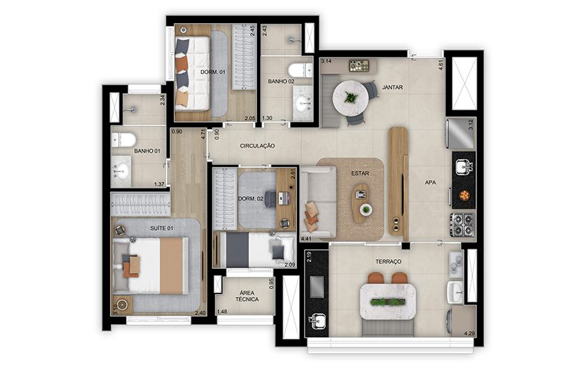 Planta — 68 m², 3 dormitórios (1 suíte), Torre 3