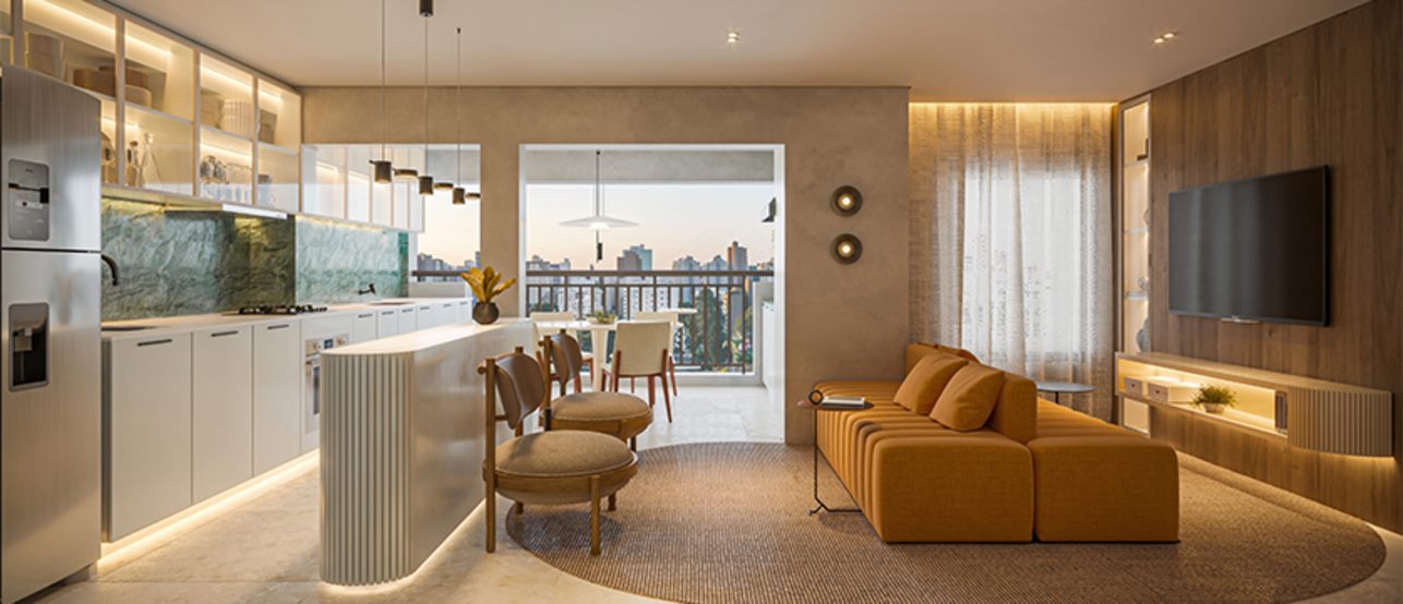Living do apartamento decorado de 68 m², 2 dormitórios (1 suíte), opção ampliada