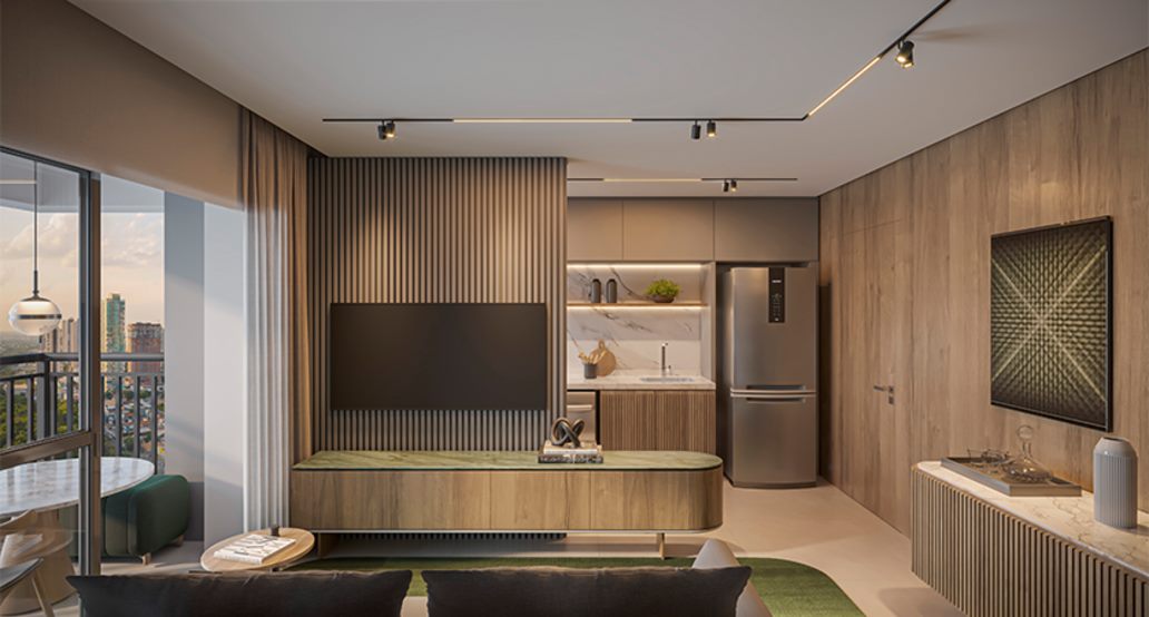 Living integrado com terraço do apartamento decorado de 57 m², 2 dormitórios (1 suíte)