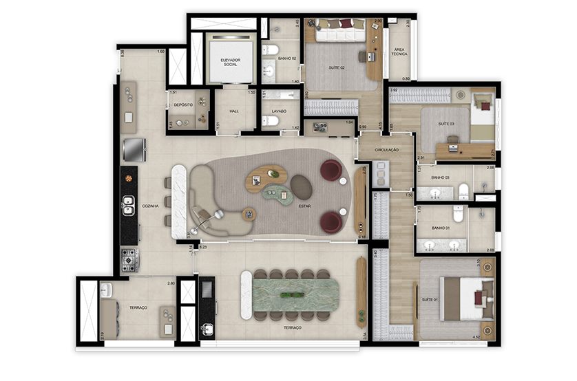 Planta — 159 m², 3 suítes, opção ampliada, com lavabo, Torre 1