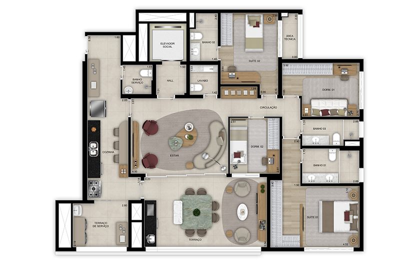 Planta — 159 m², 4 dormitórios (2 suítes), com lavabo, Torre 1