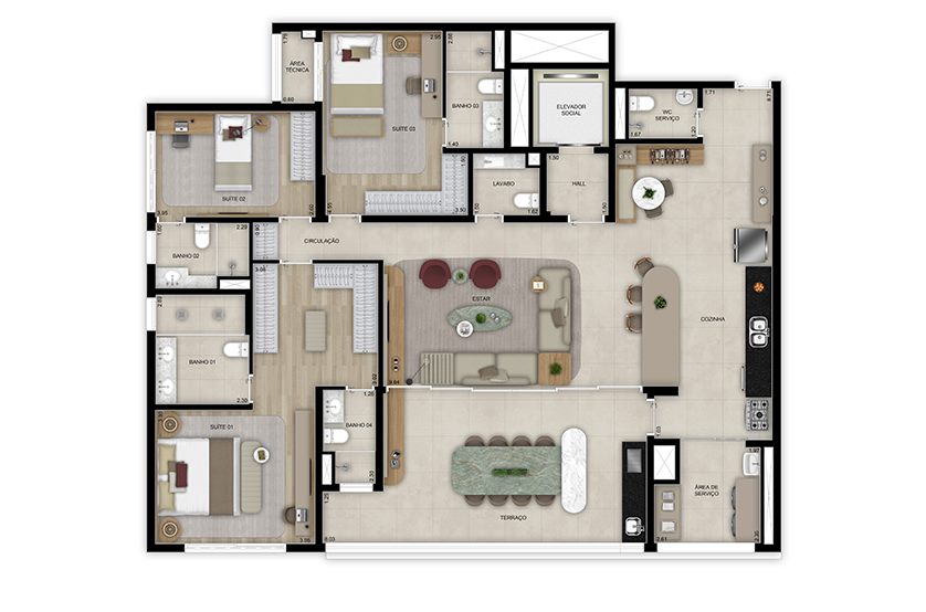 Planta — 184 m², 3 suítes, opção ampliada, com lavabo, Torre 1