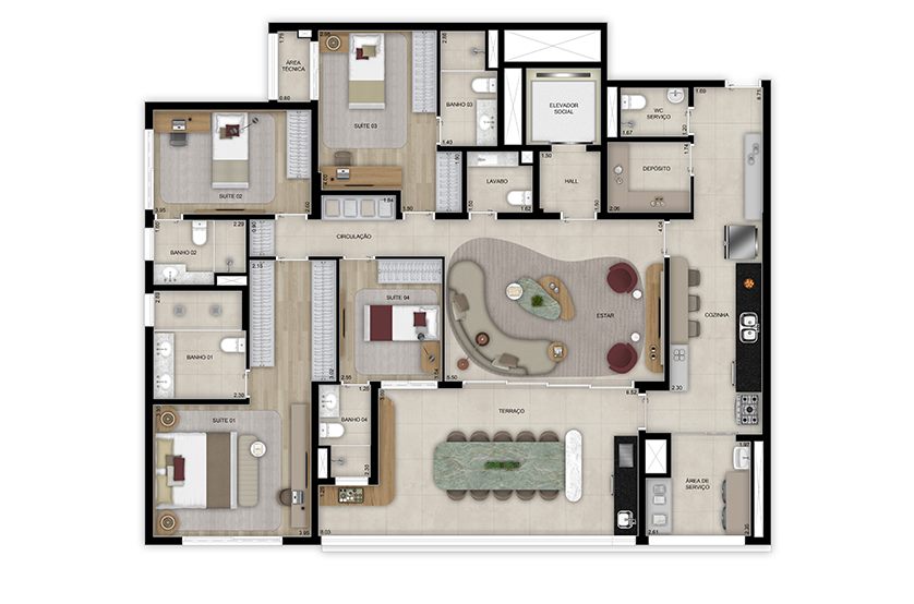 Planta — 184 m², 4 suítes, com lavabo, Torre 1