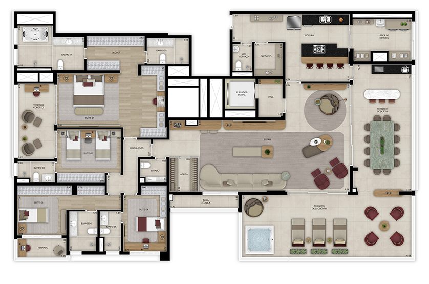Planta — Penthouse 340 m², 4 suítes, com lavabo, WC de serviço e depósito, Torre 1