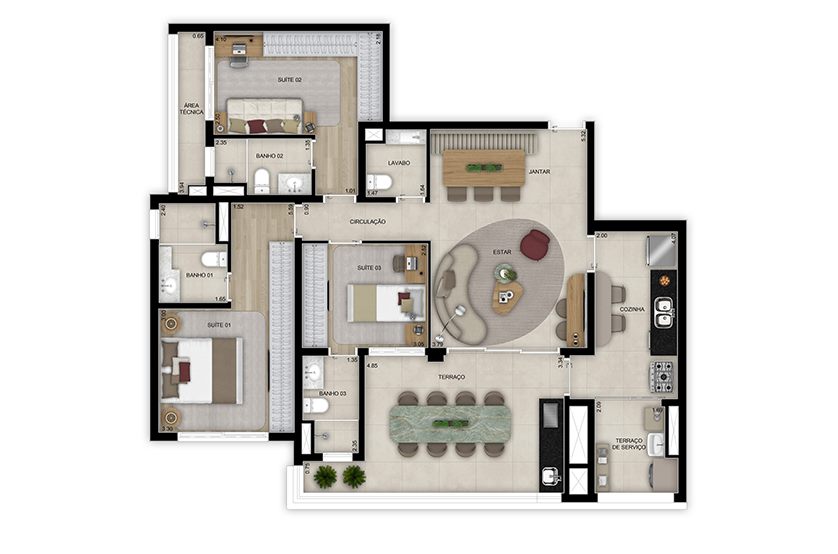 Planta — 120 m², 3 suítes, com lavabo, Torre 2