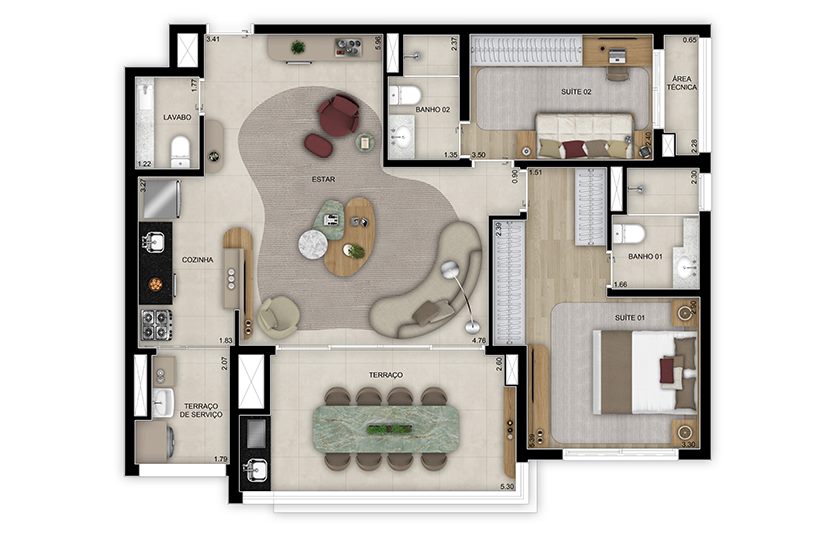 Planta — 97 m², 2 suítes, opção ampliada, com lavabo, Torre 2