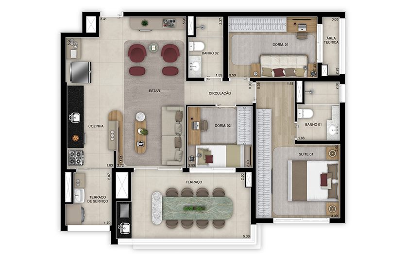 Planta — 97 m², 3 dormitórios (1 suíte), com lavabo, Torre 2