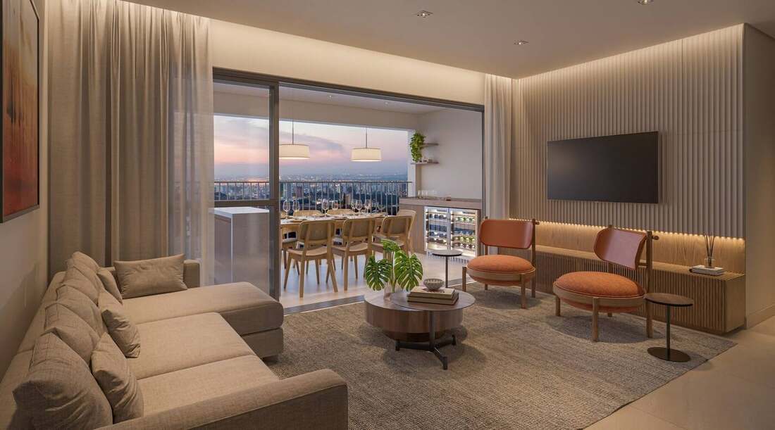 Living decorado do apartamento de 93 m², 2 suítes, do Grandiálogo Parque da Mooca