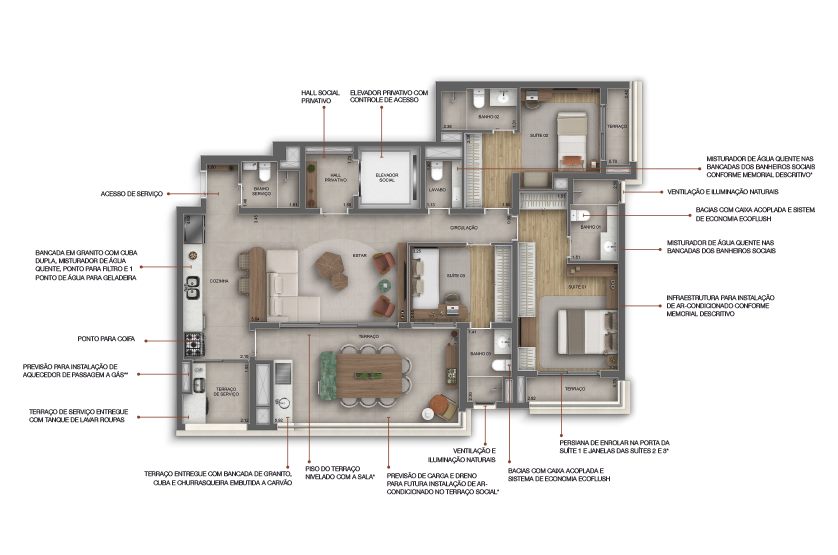 Planta — 131 m², 3 suítes, com lavabo, Residences