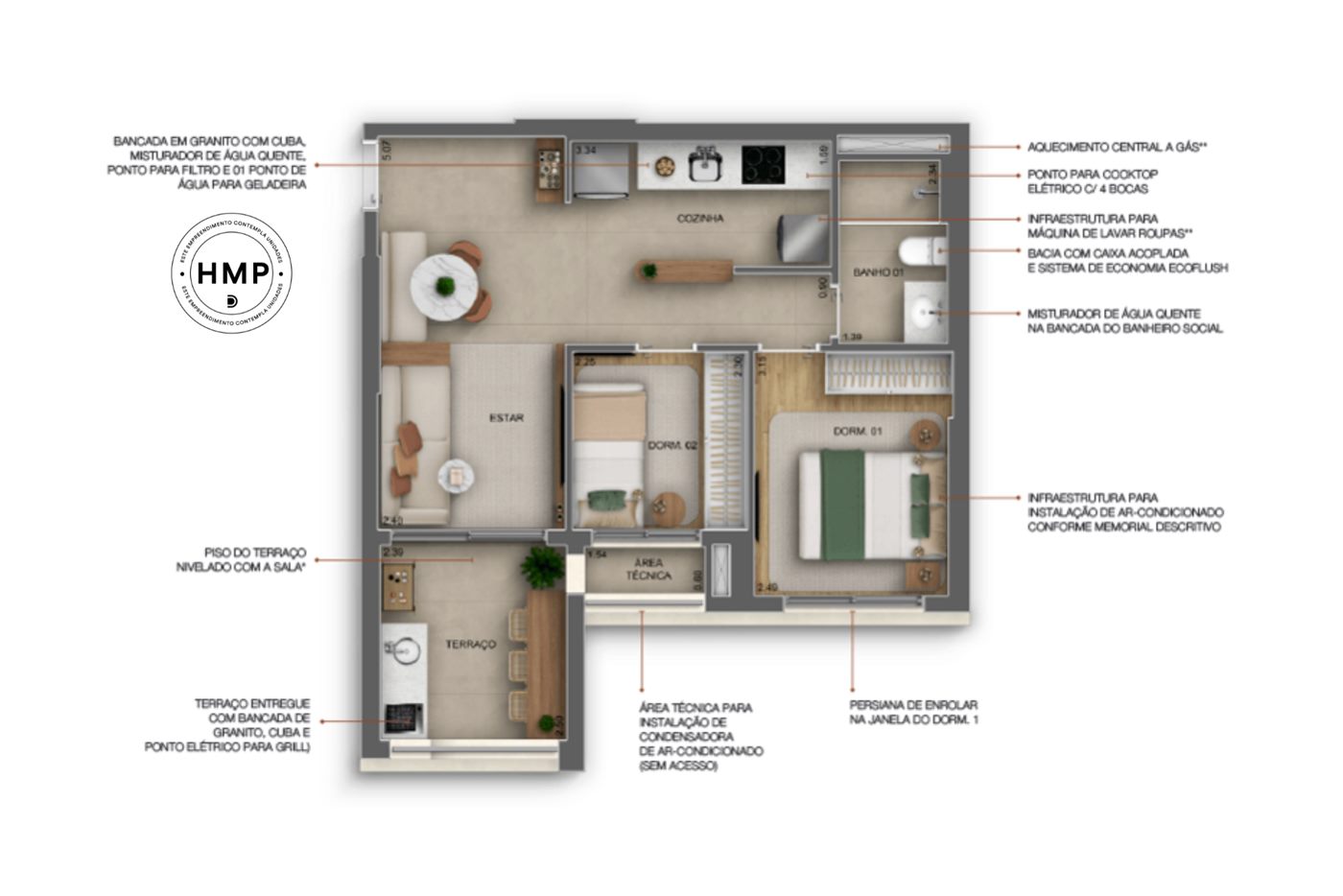 Planta — 53 m², 2 dormitórios, Residences
