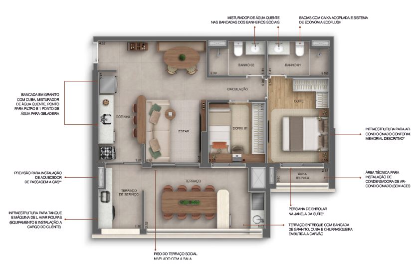 Planta — 75 m², 2 dormitórios (1 suíte), Residences