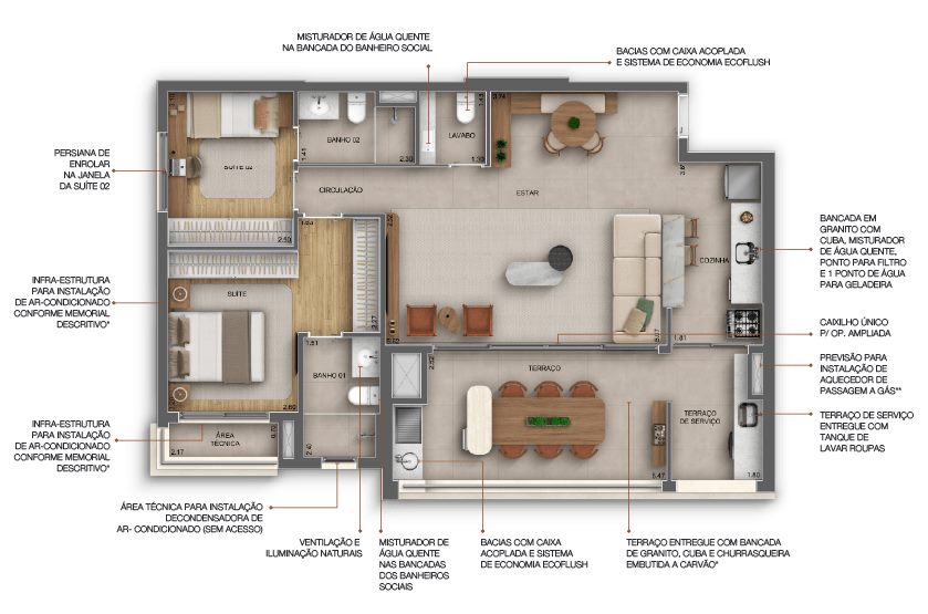 Planta — 95 m², 2 dormitórios (1 suíte), com lavabo, Residences