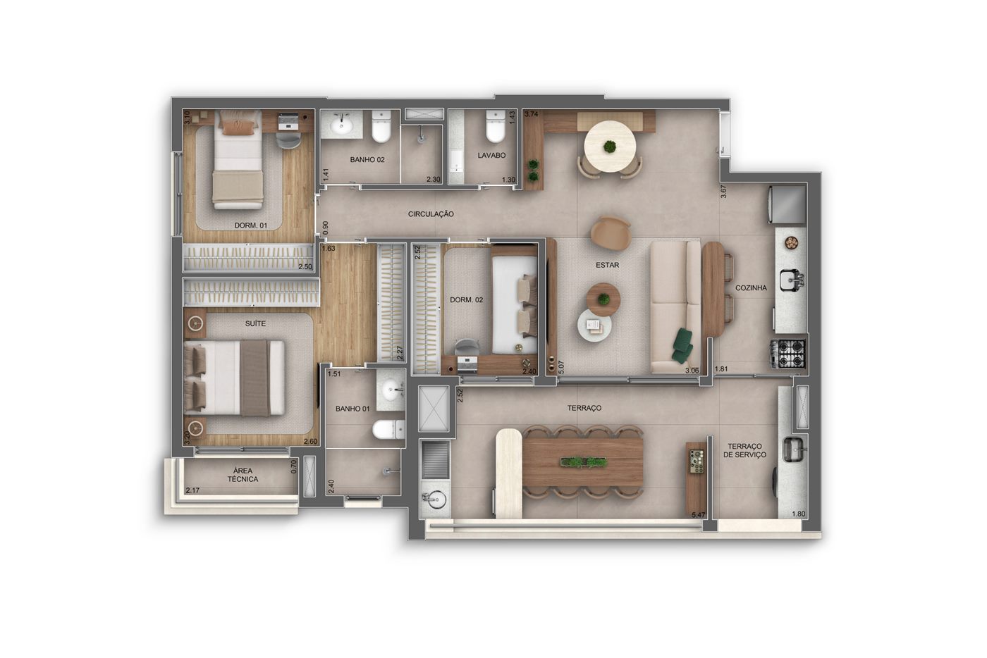 Planta — 95 m², 3 dormitórios (1 suíte), Residences