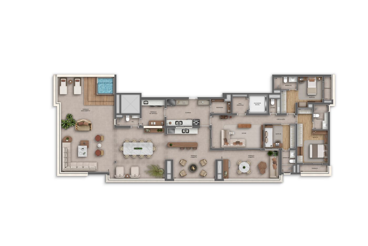 Planta — Penthouse 264 m², 3 suítes, com lavabo, Residences