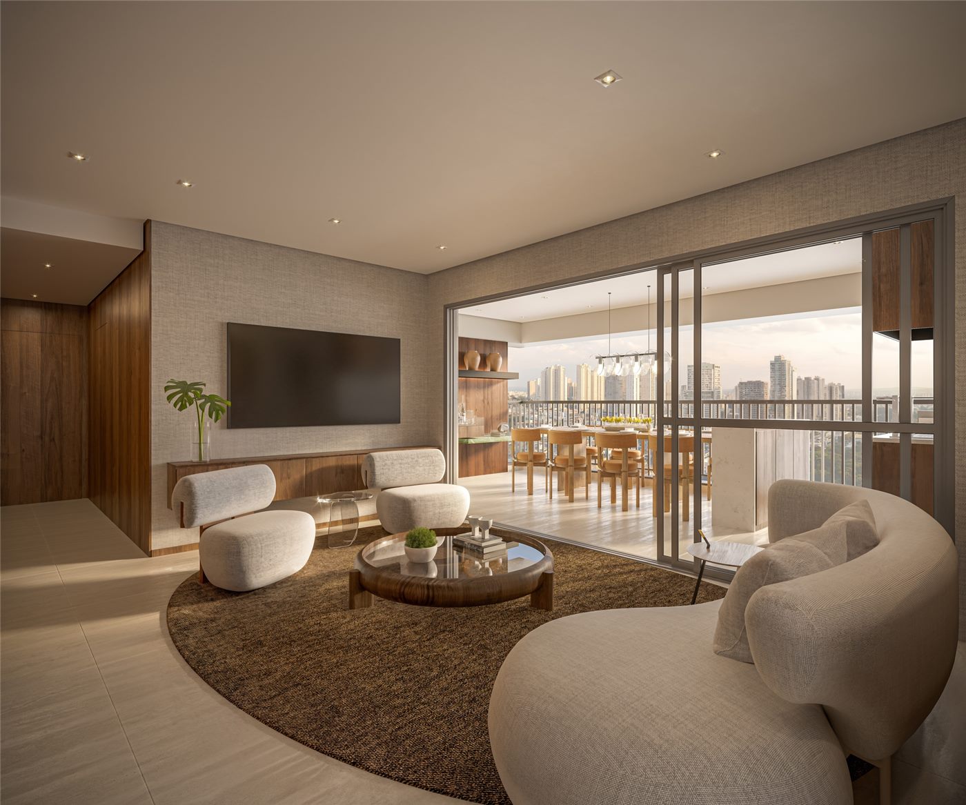 Living e terraço do apartamento decorado de 131 m², 3 suítes, Residences