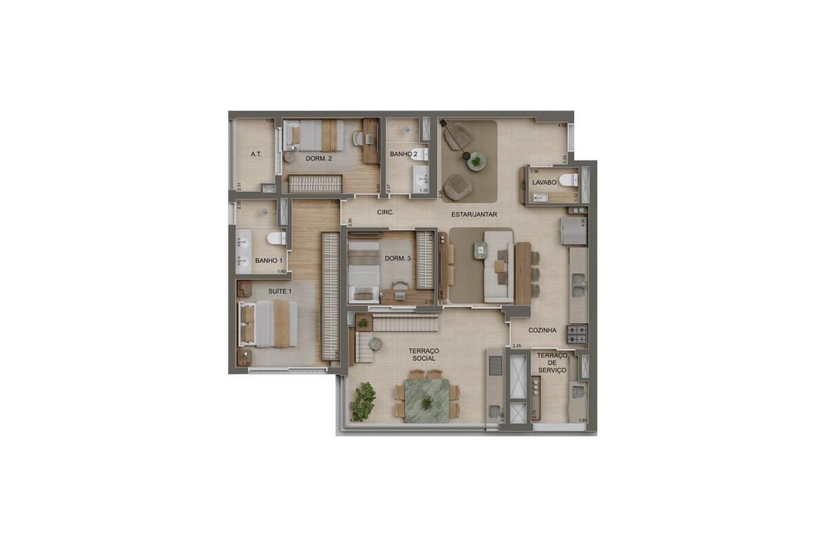 Planta — 106 m², 3 dormitórios (1 suíte), Residences