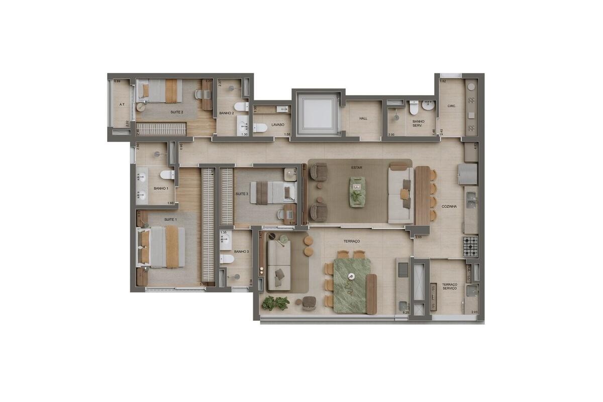 Planta — 132 m², 3 suítes, Residences