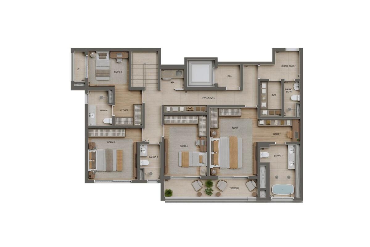 Planta — 260 m², 4 dormitórios (2 suítes), Duplex inferior, Residences
