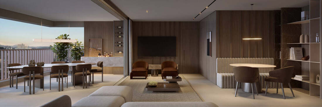 Living do apartamento decorado de 106 m², 1 suíte, Residences
