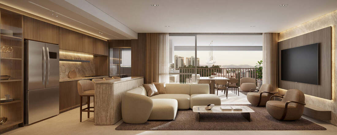 Living do apartamento decorado de 132 m², 3 suítes, Residences