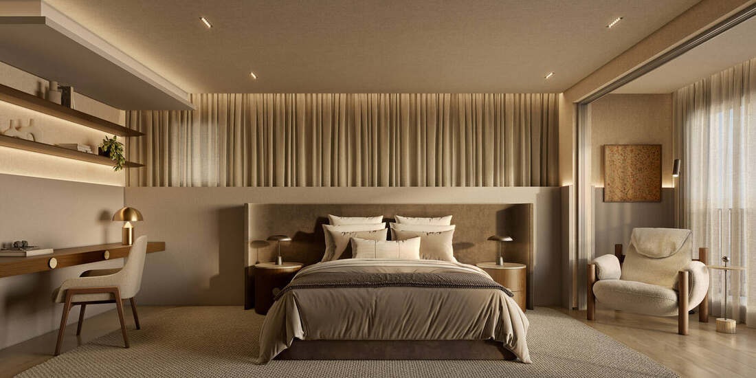 Suíte casal do apartamento decorado de 243 m², 3 suítes, Residences