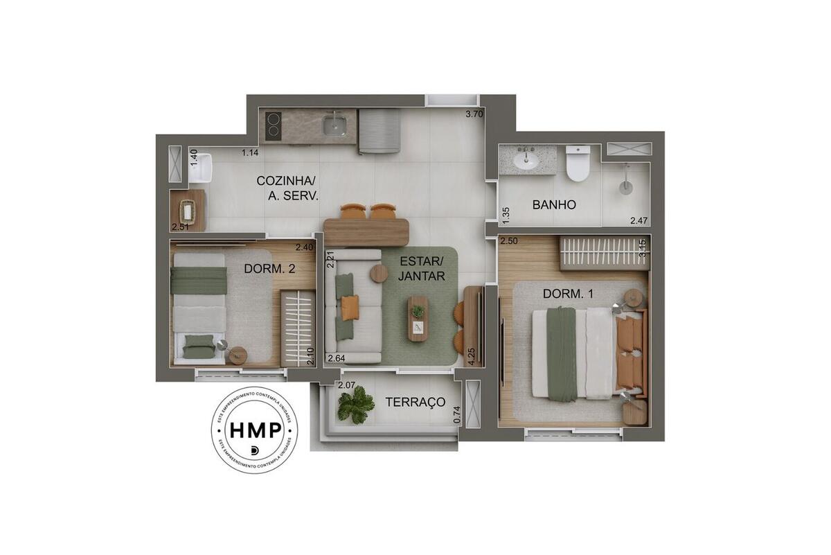 Planta — 44 m², 2 dormitórios, Station