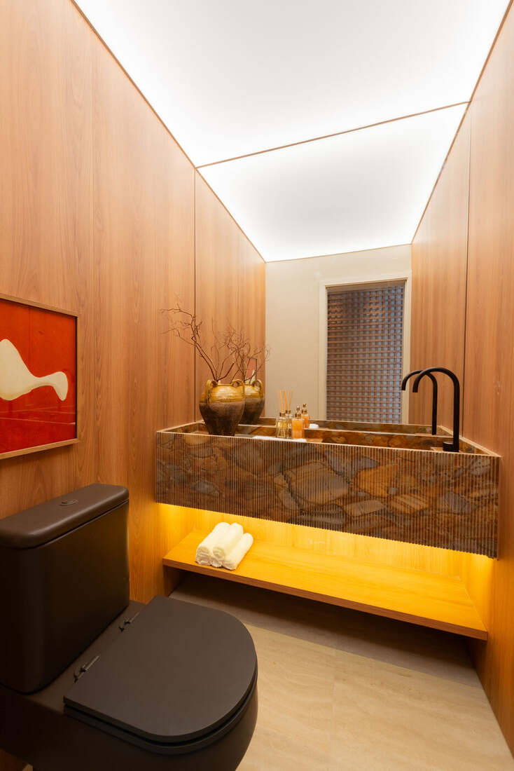 Lavabo do apartamento decorado de 268 m², Moná Mooca Residences