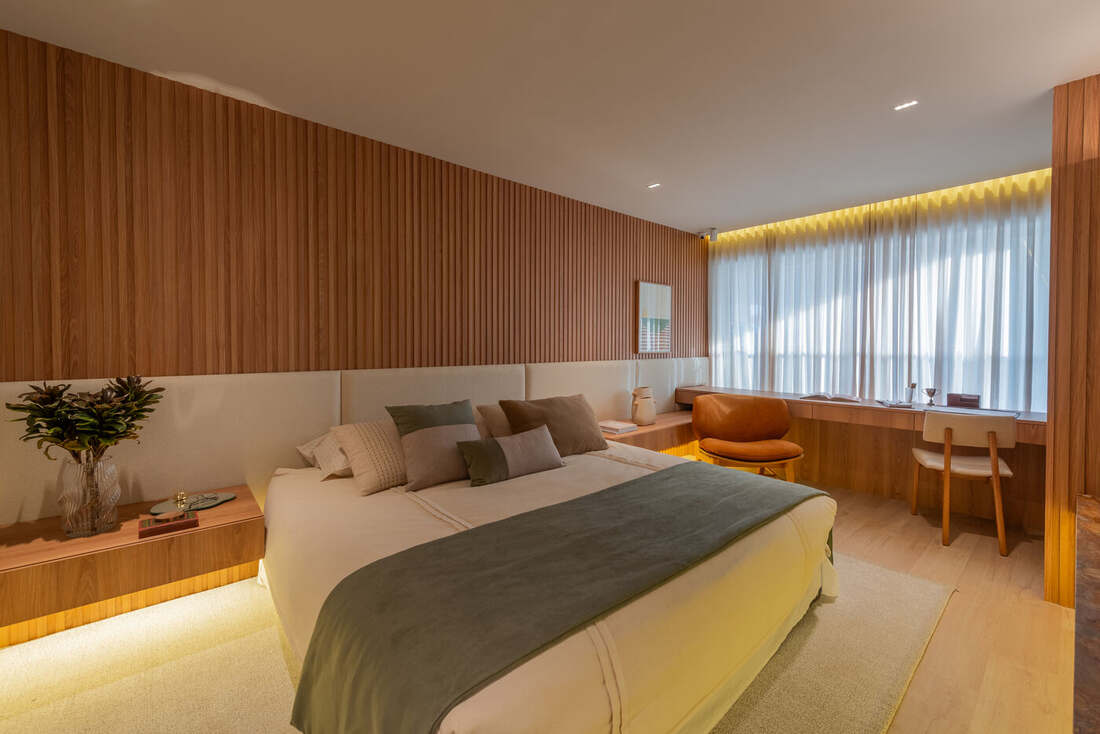 Suíte master do apartamento decorado de 268 m², Moná Mooca Residences