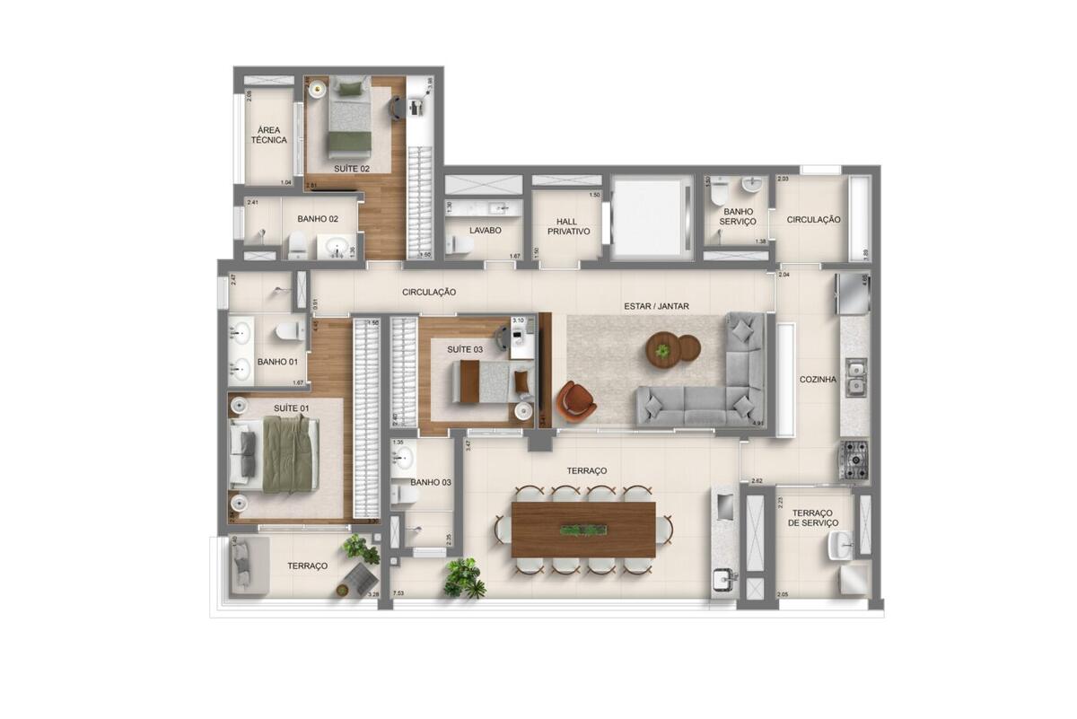 Planta — 137 m², 3 suítes (padrão), Residences
