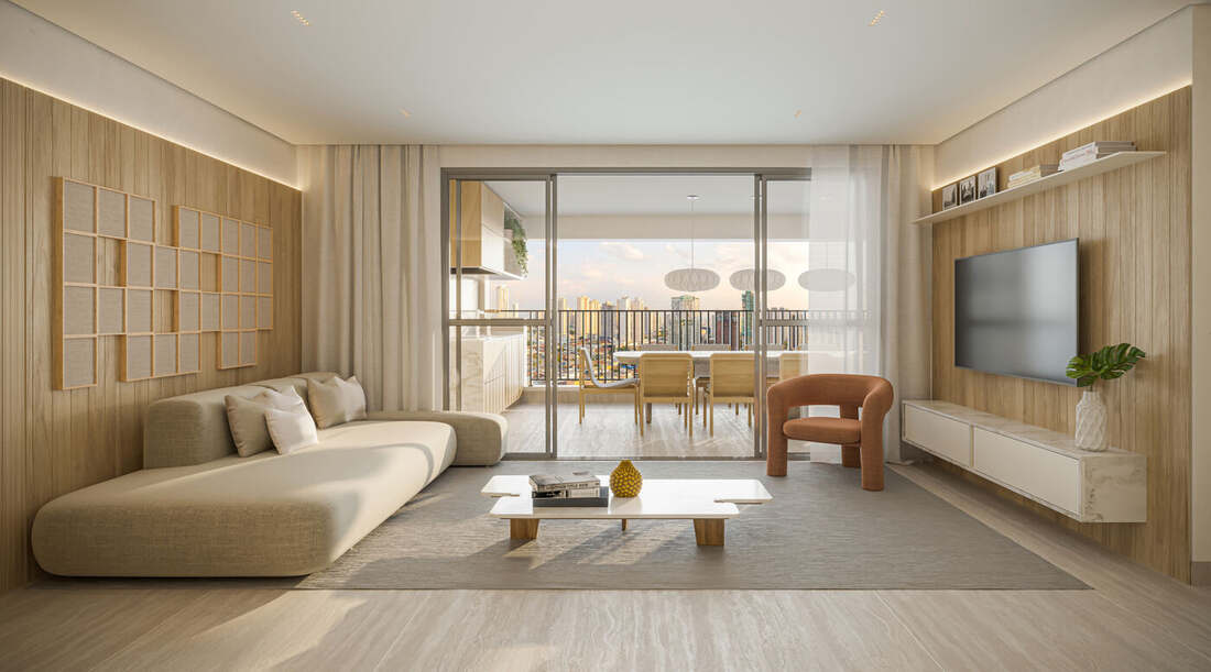 Living do apartamento decorado de 137 m², 3 suítes, Moná Mooca Residences