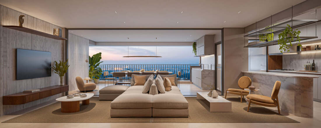 Living do apartamento decorado de 179 m², 4 suítes, Moná Mooca Residences