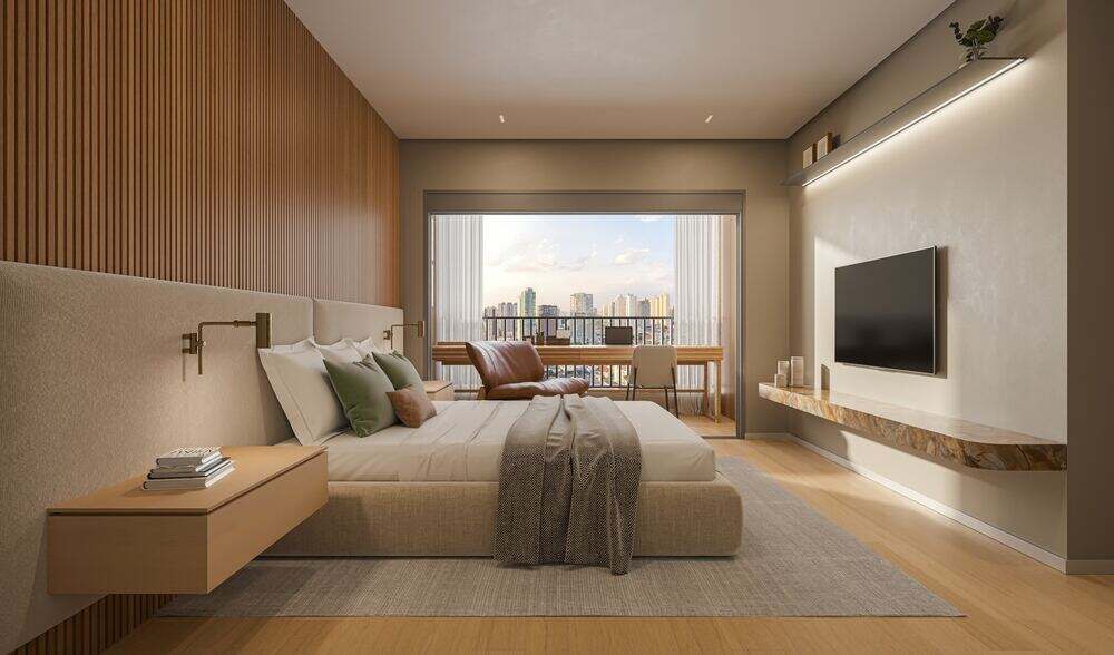 Suíte master do apartamento decorado de 268 m², 4 suítes, Moná Mooca Residences