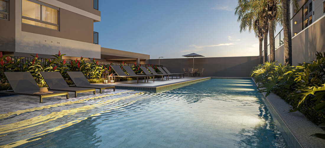 Piscina adulto com deck molhado, Moná Mooca Smart Spaces