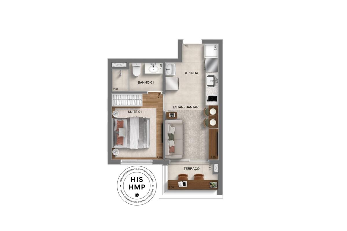 Planta — 30 m², 1 suíte, Smart Spaces