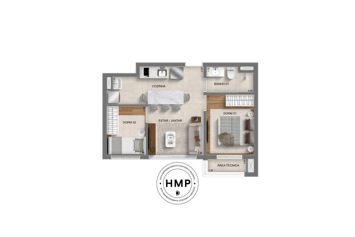 Planta — 40 m², 2 dormitórios, Smart Spaces