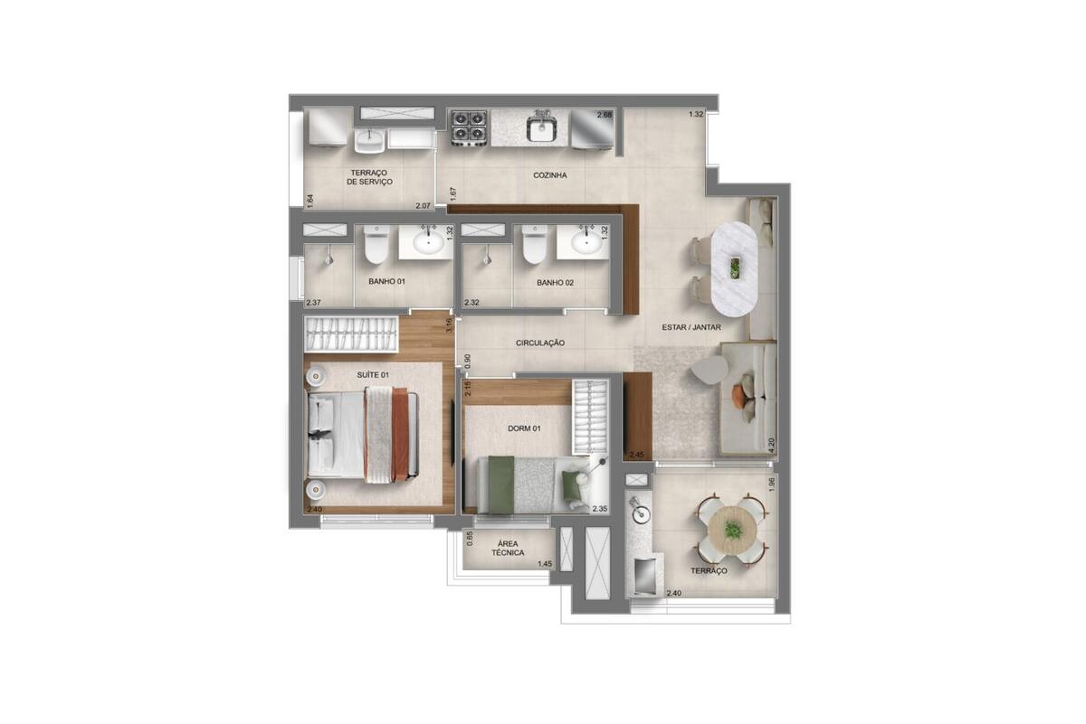 Planta — 57 m², 2 dormitórios (1 suíte), Smart Spaces