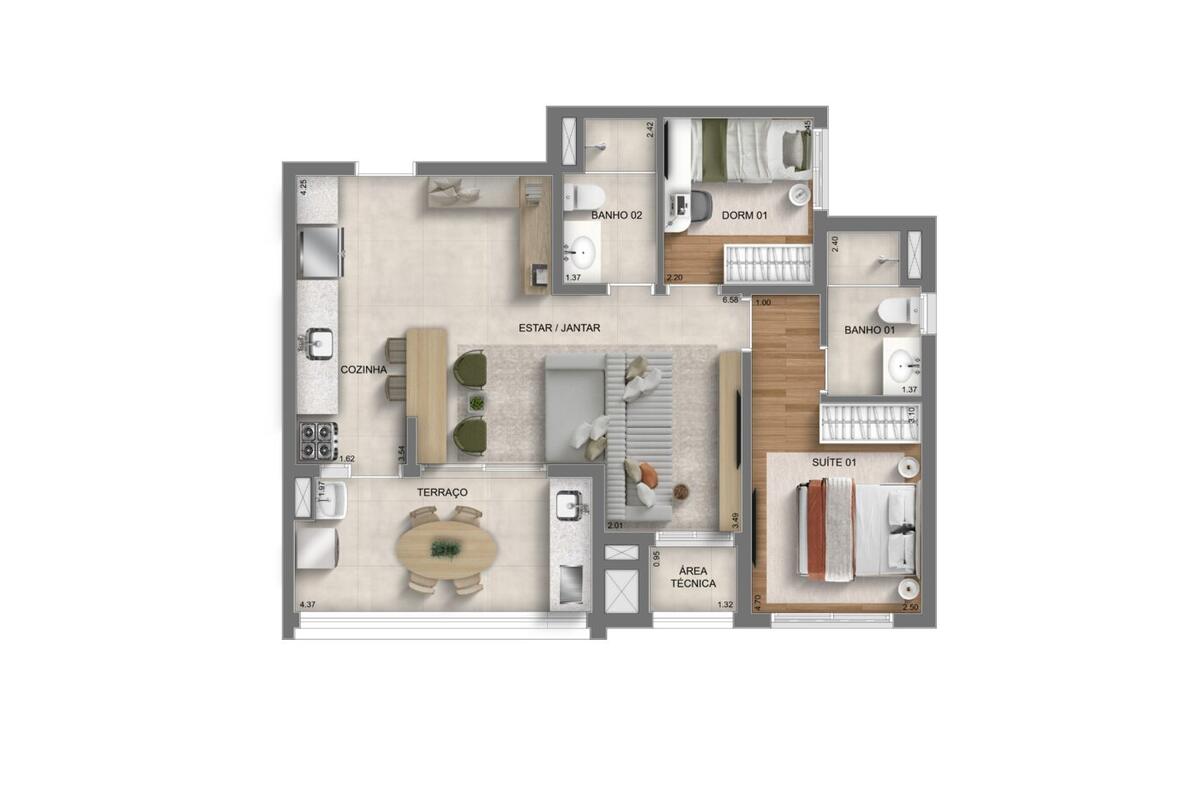 Planta — 66 m², 2 dormitórios (1 suíte), Smart Spaces