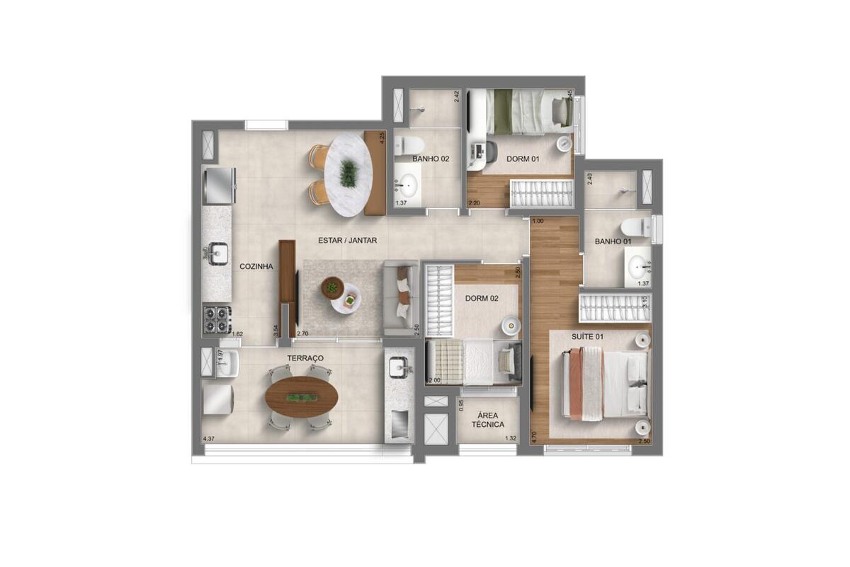 Planta — 66 m², 3 dormitórios (1 suíte), Smart Spaces