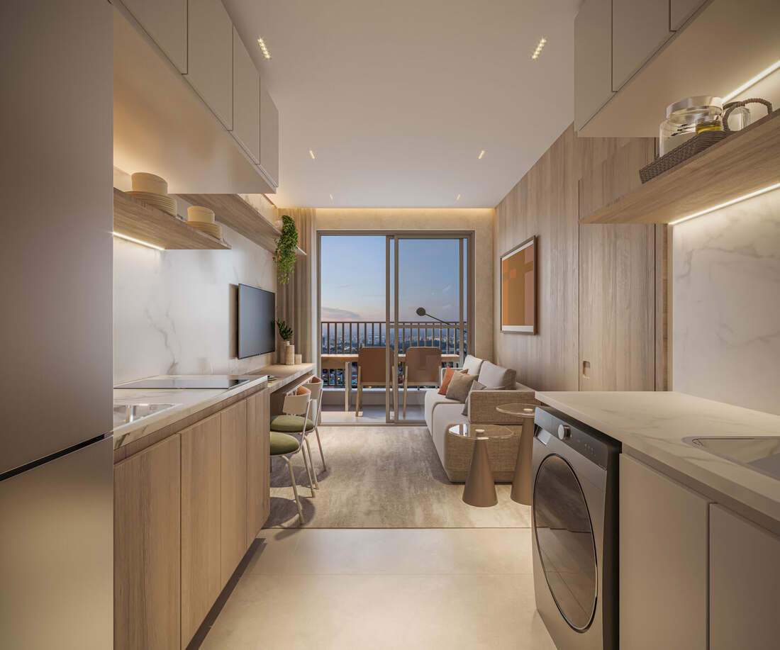 Living do apartamento decorado de 30 m², 1 dormitório, Moná Mooca Smart Spaces