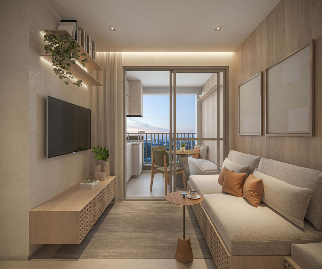 Living do apartamento decorado de 57 m², 2 dormitórios, Moná Mooca Smart Spaces