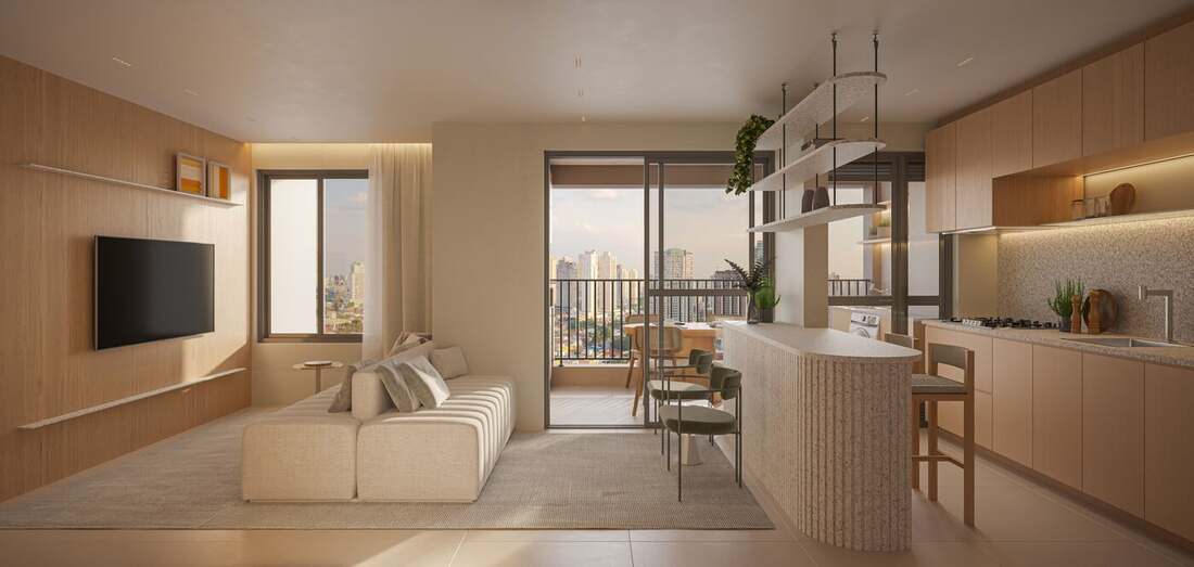 Living do apartamento decorado de 66 m², 3 dormitórios, Moná Mooca Smart Spaces