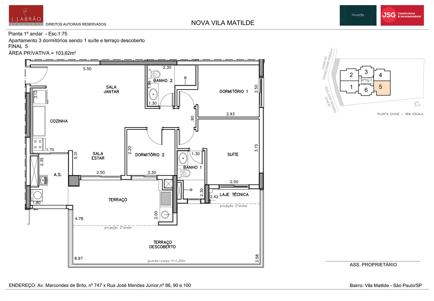 Planta — Garden 103 m², 3 dormitórios (1 suíte), final 5, 1º pavimento